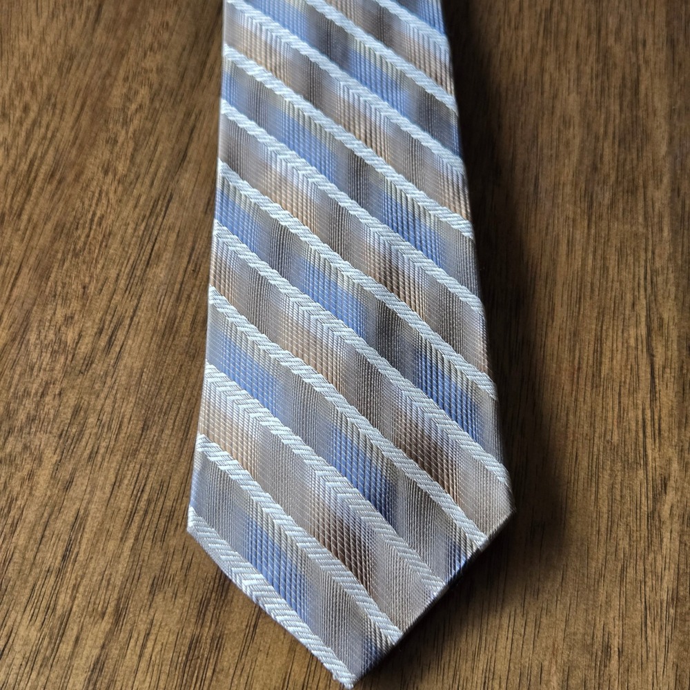 Paul Dione Mens Silk Tie Silver Champagne Blue Diagonal Stripe Herringbone Woven